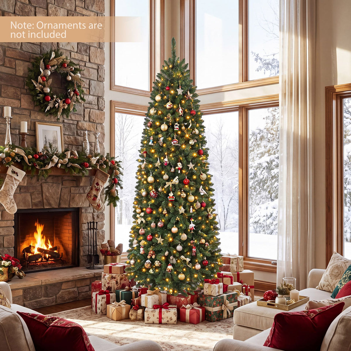 Artificial Pine Xmas Tree with Full Branch Tips LED Lights with 2 Colors Folding Metal Stand-2.1M