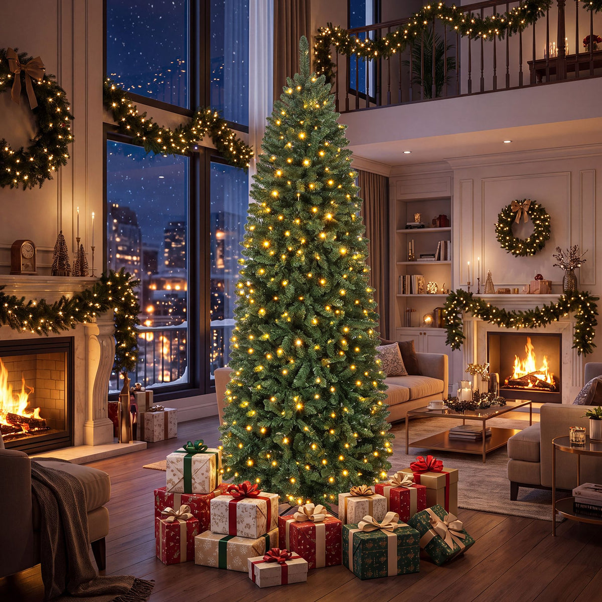 Artificial Pine Xmas Tree with Full Branch Tips LED Lights with 2 Colors Folding Metal Stand-2.1M