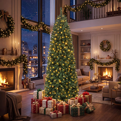 Artificial Pine Xmas Tree with Full Branch Tips LED Lights with 2 Colors Folding Metal Stand-2.1M
