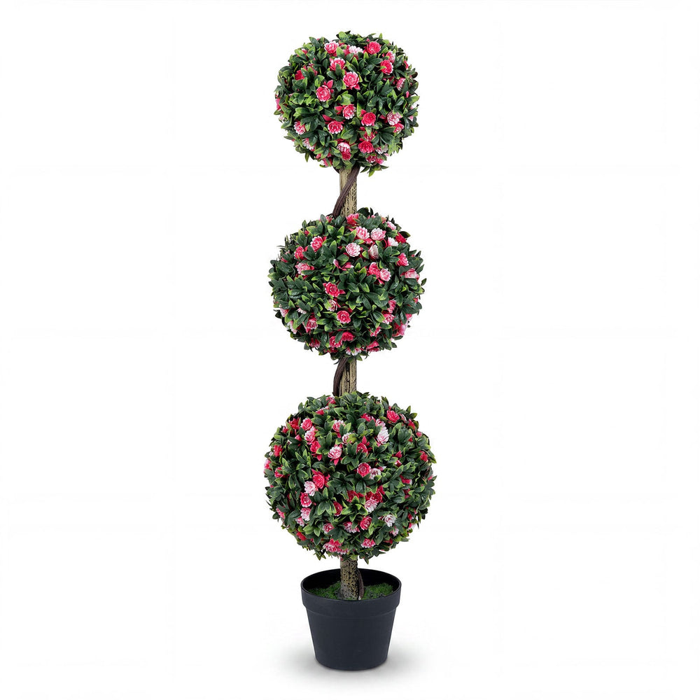 Artificial Triple Ball Rose Topiary Tree 110cm Faux Potted Floral Plant