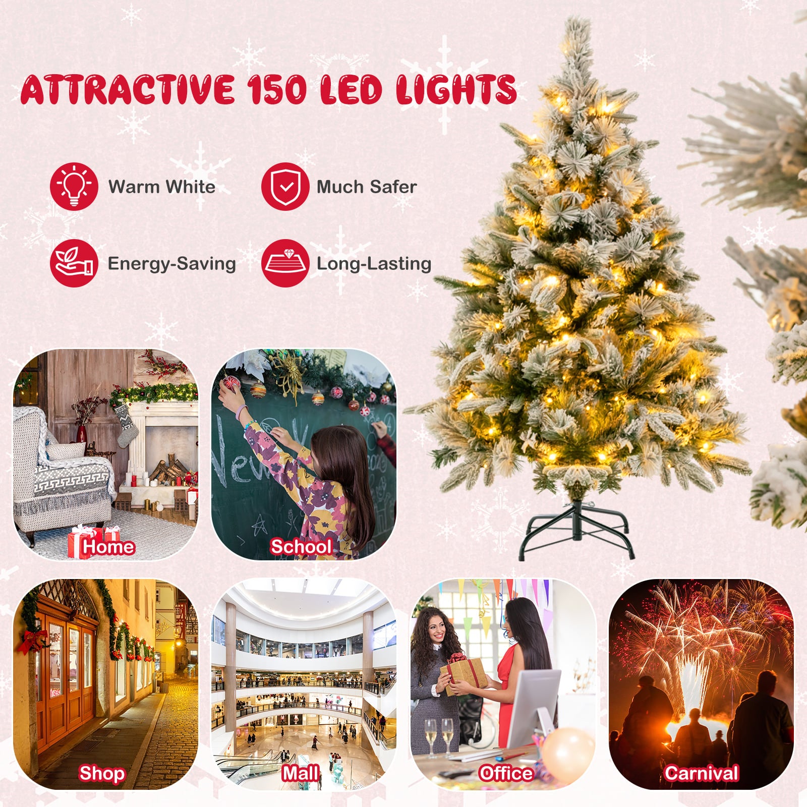 Pre-Lit Snow Flocked Christmas Tree with Warm-White LED Lights-4.5 ft