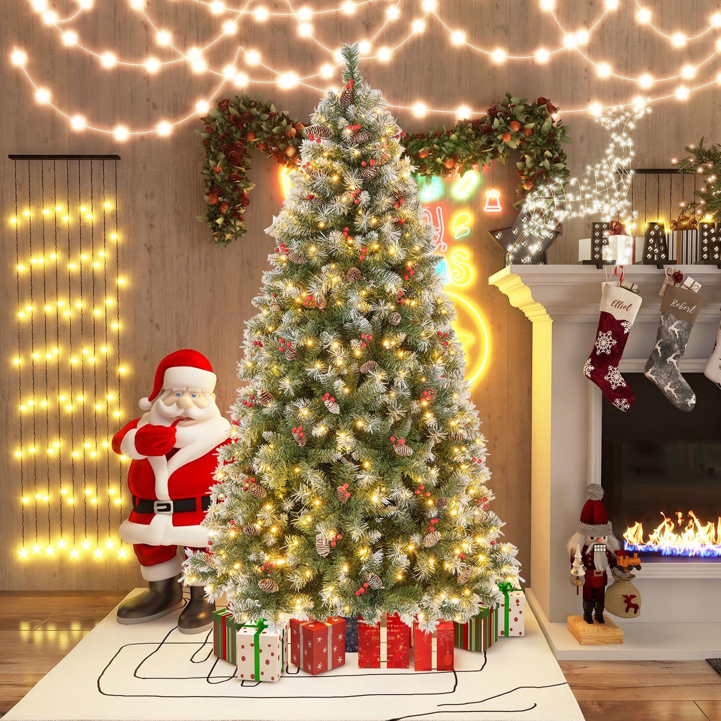 6.5 FT Artificial Xmas Tree with 909 PVC Branch Tips and 420 Warm White LED Lights