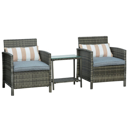 Outsunny 3 Pieces Rattan Bistro Set, Wicker Garden Furniture Set, Glass Top 2-tier Coffee Table and Chairs Set with Pillows and Washable Cushions for Outdoor, Patio, Balcony, Grey