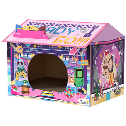 PawHut 2 in 1 Gaming Style Cardboard Cat House with Scratching Board & Catnip for Indoor Cats, Pink