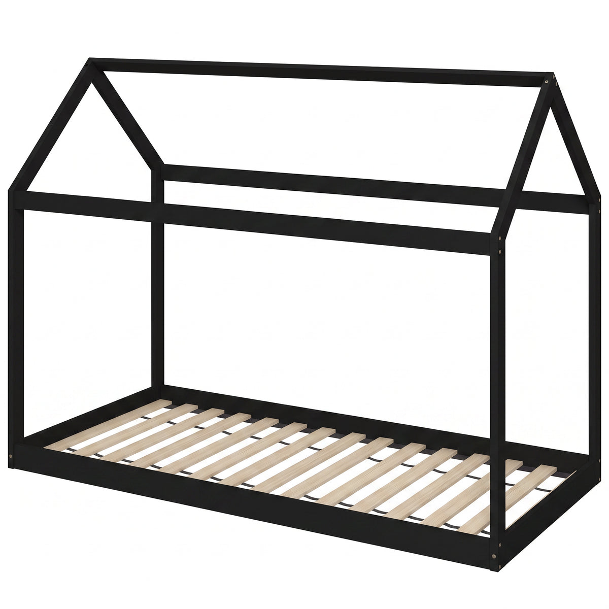 HOMCOM Single Bed Frame, House-Scandinavian-Style Wooden Bed Frame for 90W x 190D cm Mattress, Black