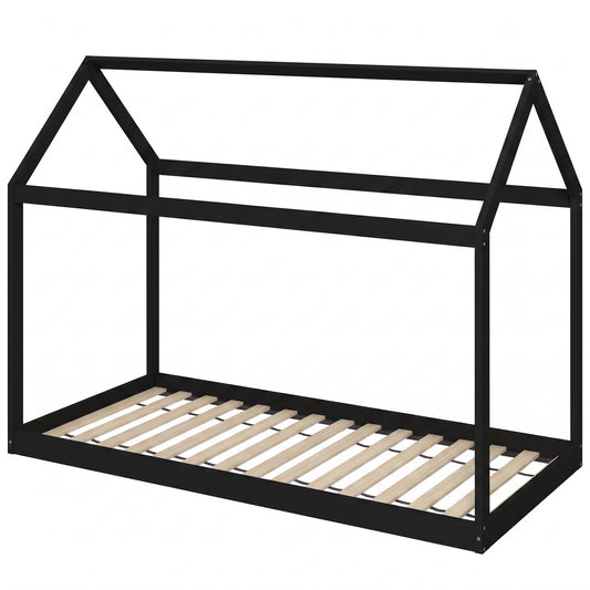 HOMCOM Single Bed Frame, House-Scandinavian-Style Wooden Bed Frame for 90W x 190D cm Mattress, Black