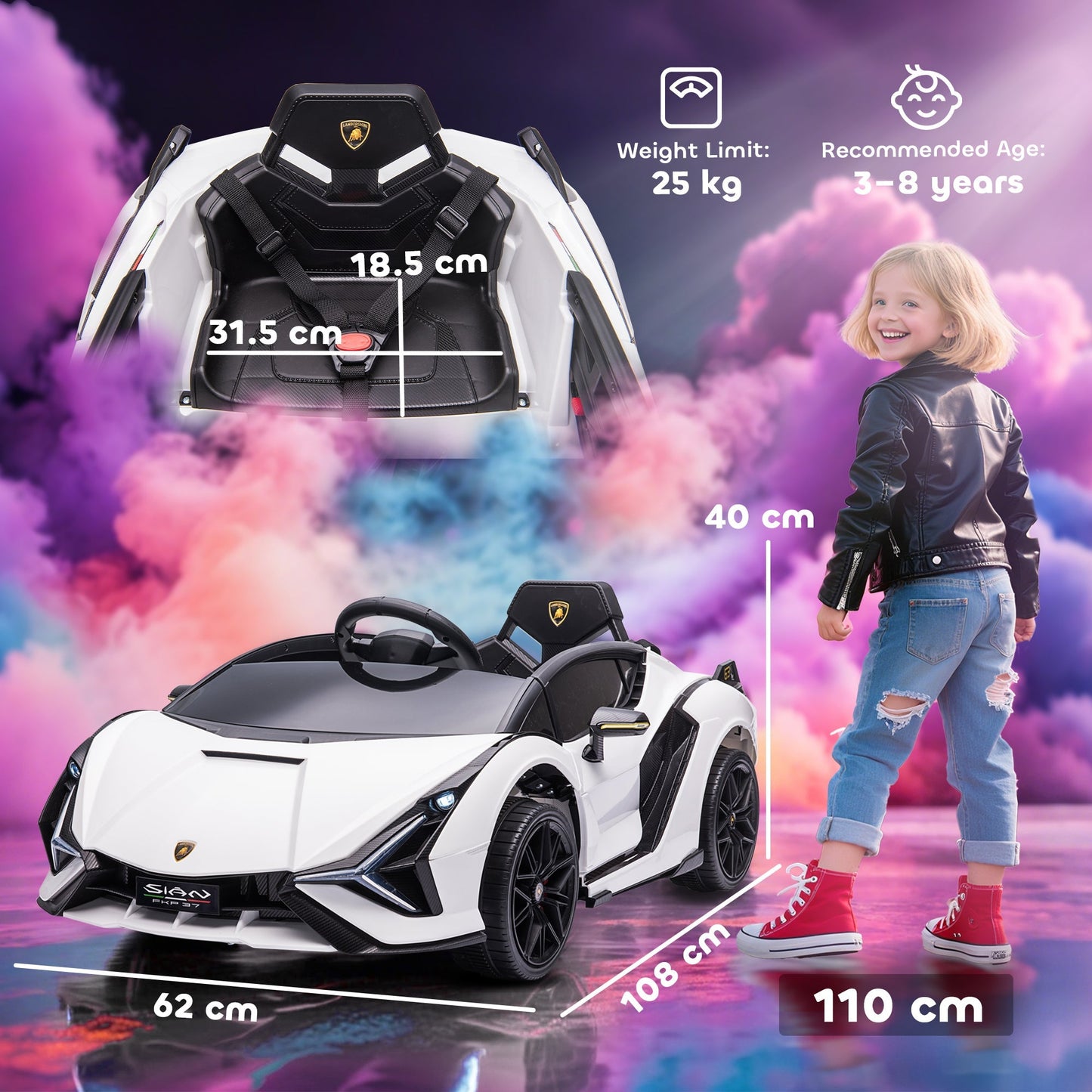 HOMCOM Lamborghini Sian Licensed 12V Kids Electric Ride On Car 2 Motors Toy Car with Remote Control Music Lights MP3 for 3-5 Years White