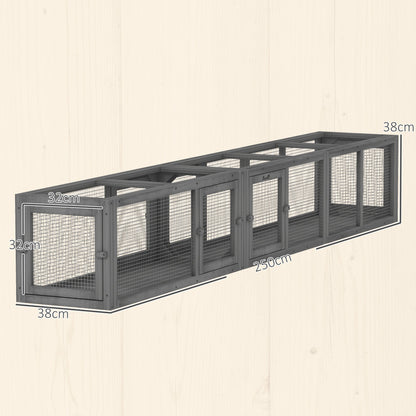 PawHut Cat Tunnel, 250cm Extra Long Wooden Cat Play Tunnel with 8 Doors, L-shape/Rectangle, Outdoor Cat Enclosure, Dark Grey