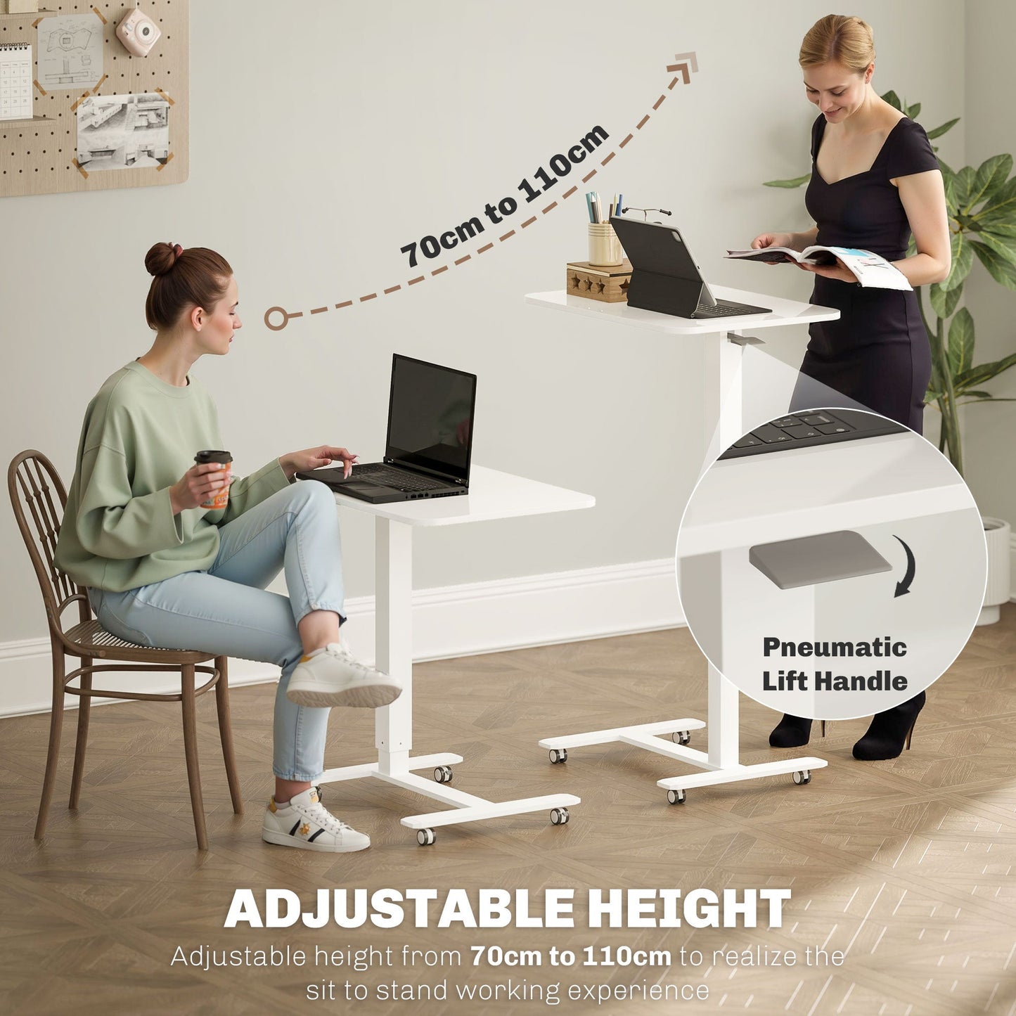 HOMCOM Height Adjustable Standing Desk, Pneumatic Sit Stand Desk for Laptop, Mobile Overbed Table with Wheels for Home Office, White