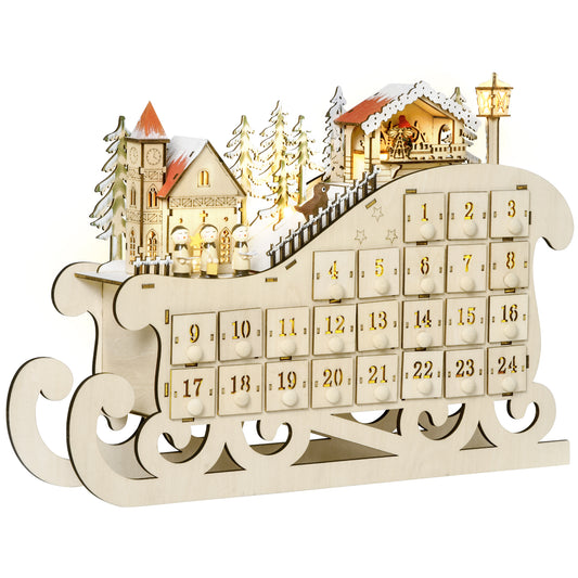 HOMCOM Christmas Advent Calendar, 2021 Light up Table Xmas Wooden Sleigh Holiday Decoration with Countdown Drawer, Village, for Kids Adults, Natural Wood Color