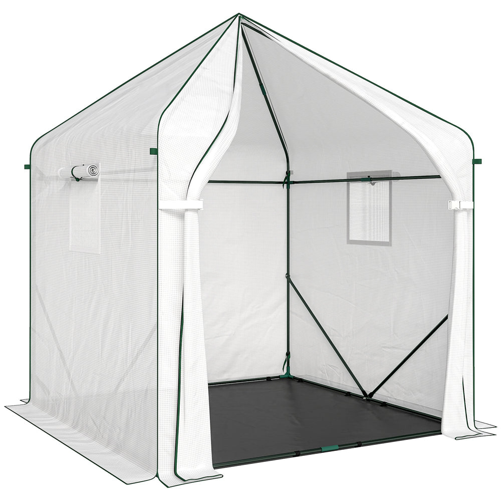 Outsunny Walk-in Greenhouse for Outdoors with Steel Frame, Large Plant House with Roll-up Door and PE Ground Cover, White