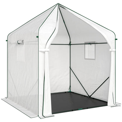Outsunny Walk-in Greenhouse for Outdoors with Steel Frame, Large Plant House with Roll-up Door and PE Ground Cover, White