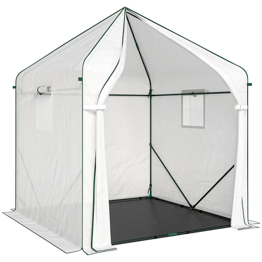 Outsunny Walk-in Greenhouse for Outdoors with Steel Frame, Large Plant House with Roll-up Door and PE Ground Cover, White