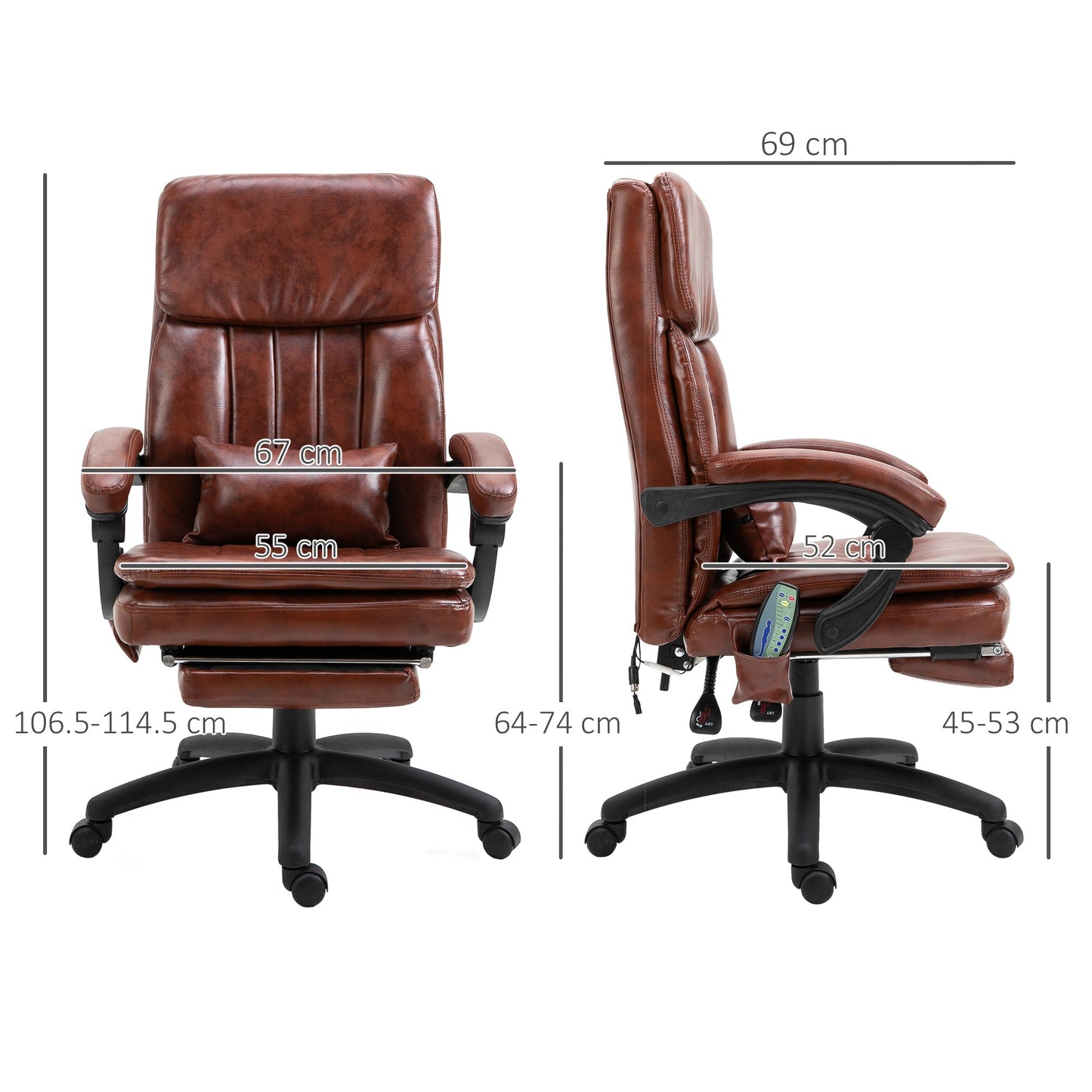 Vinsetto High Back Office Chair, Gaming Recliner Chair with Footrest, 7 Massage Points, Adjustable Height, Reclining Back, PU Leather, Brown