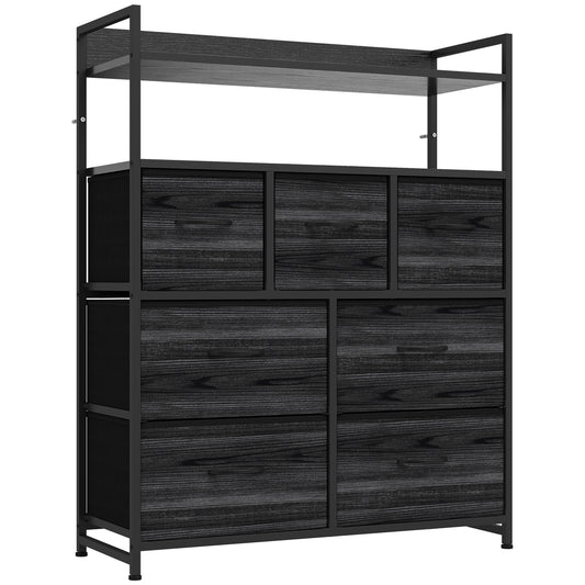 HOMCOM Chest of Drawers, Bedroom Fabric Dresser with 7 Drawers, Storage Organiser Unit with Open Shelves, Black Wood-Effect