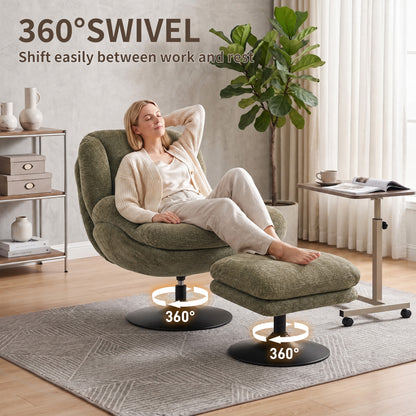 HOMCOM Modern Chenille Lazy Chair with Ottoman, 360° Swivel, Upholstered Reading Seat Set for Living Room, Dark Green