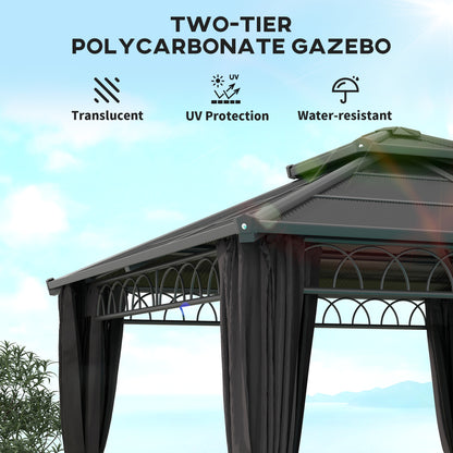 Outsunny 3 x 3 (m) Outdoor Polycarbonate Gazebo, DoubleÂ Roof Hard Top Gazebo withÂ Galvanised Steel Frame, NettingsÂ &Â Curtains for Garden, Lawn, Patio and Deck, Dark Grey