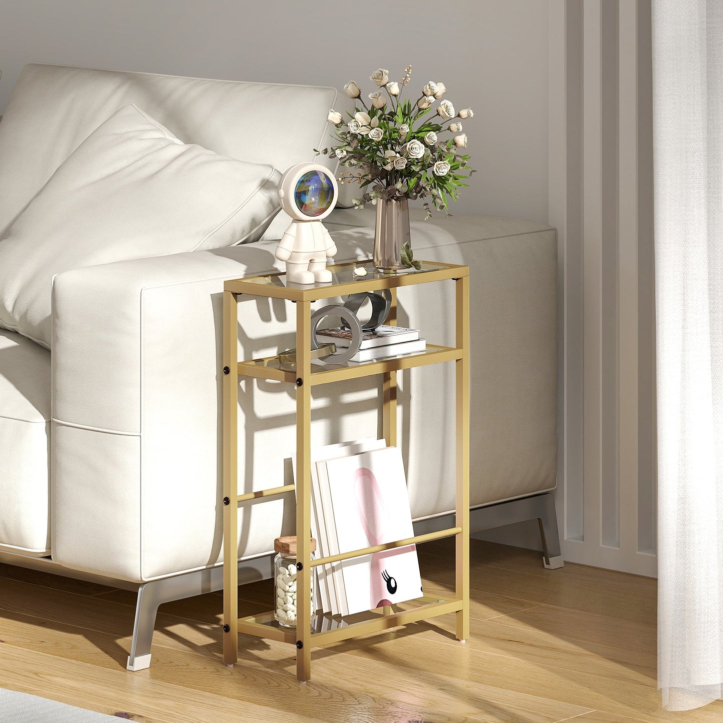 HOMCOM 3-Tier Side Table, Narrow End Table with Storage Shelf and Tempered Glass Tabletop for Small Spaces, Bedroom, Living Room, Entryway, Gold Tone
