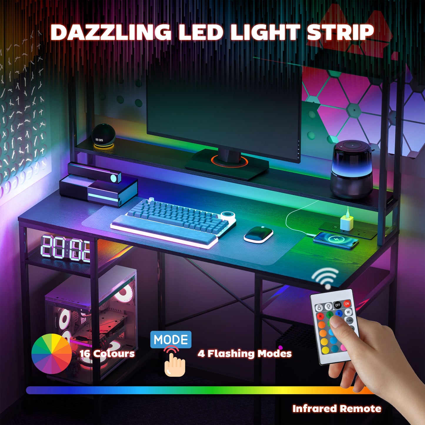 HOMCOM Computer Desk with Power Outlets and LED Lights, Home Office Desk with Monitor Stand, 2 CPU Stands and Storage Shelves, Study Table Gaming Desk with Hutch, Black