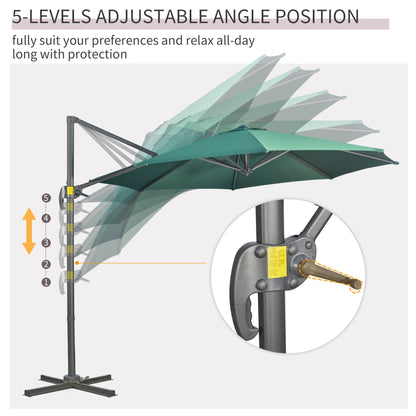 Outsunny 3 x 3(m) Cantilever Parasol with Cross Base, Garden Umbrella with 360 Rotation, Crank Handle and Tilt for Outdoor, Patio, Green