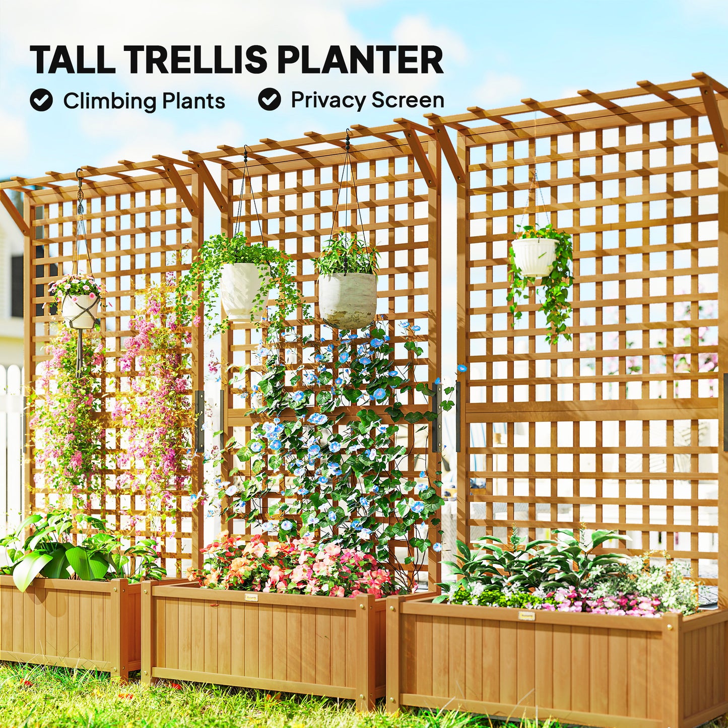 Outsunny Raised Bed with Drainage Holes, Wood Planter with Trellis for Climbing Plants to Grow Vegetables, Flowers, Yellow