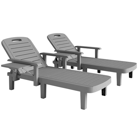 Outsunny Set of 2 Resin Reclining Sun Loungers for Garden, 5 Positions Adjustable Outdoor Chaise Lounge Chairs with Wood Texture Surface, Armrests, Foldable Side Table for Garden, Beach, Dark Grey