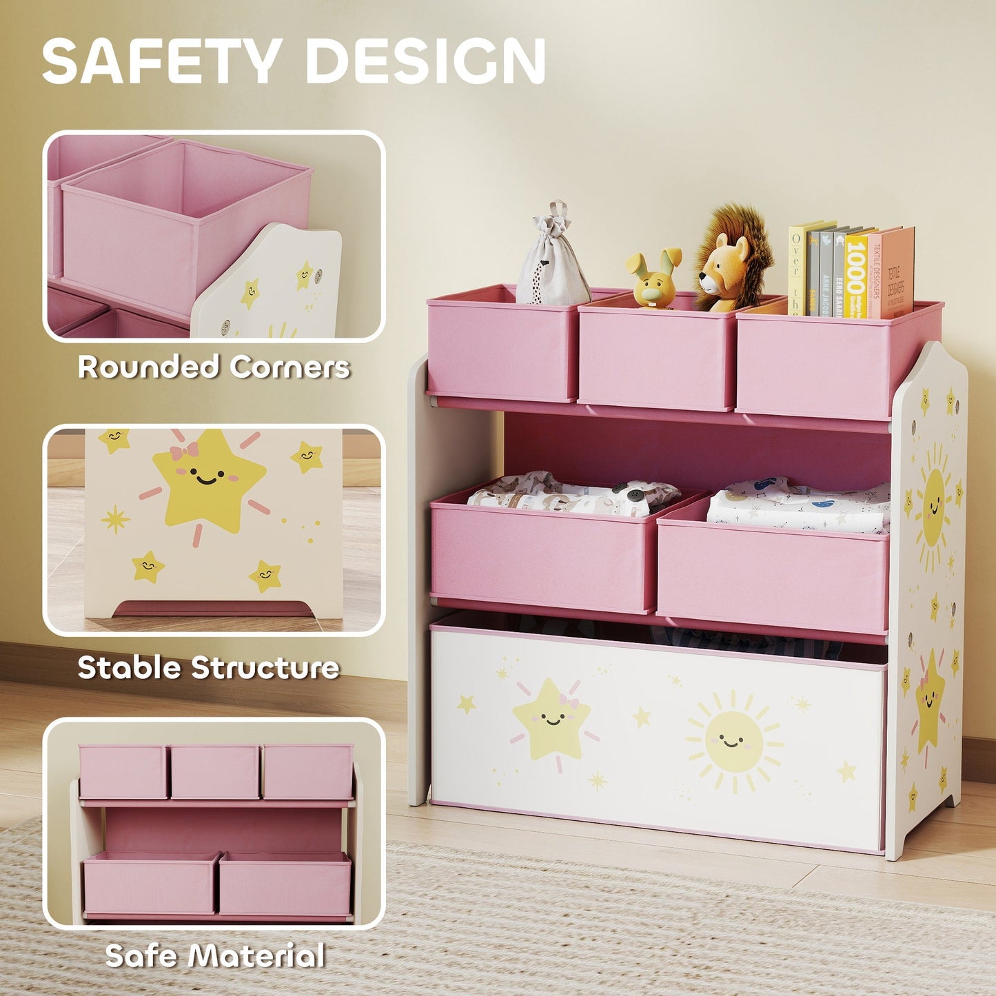 AIYAPLAY Kids Toy Storage Units, 3-Tier Toy Organiser Shelf with 6 Removable Boxes for Kids, Bedroom, Playroom, Pink