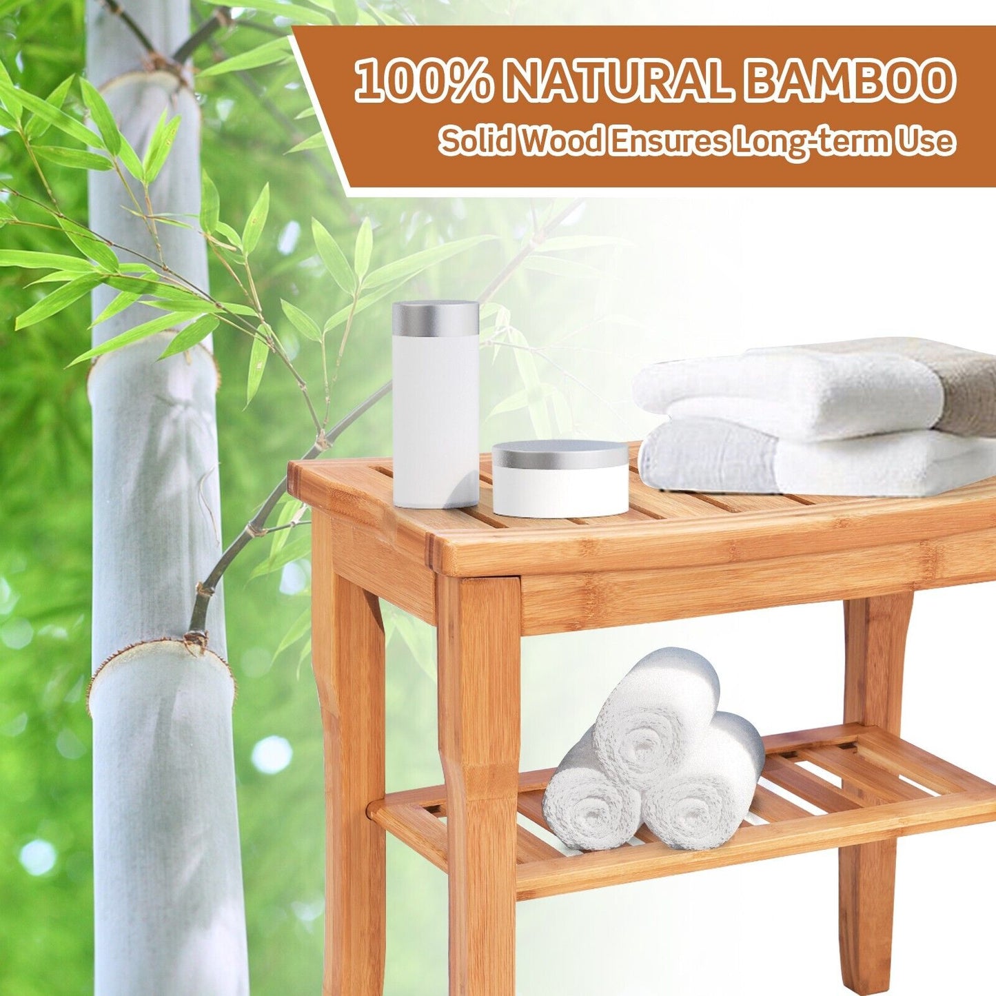 Bamboo Shower Bench with Storage Shelf and Non-Slip Feet
