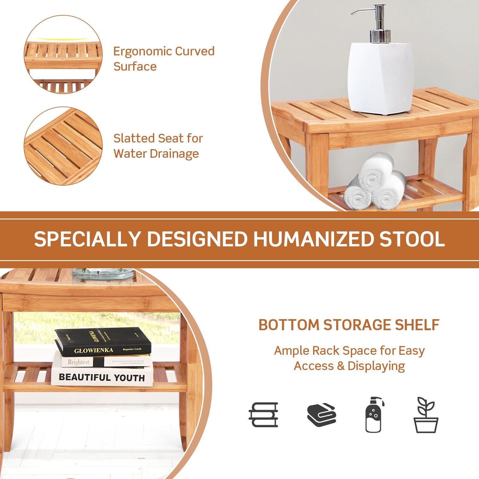 Bamboo Shower Bench with Storage Shelf and Non-Slip Feet