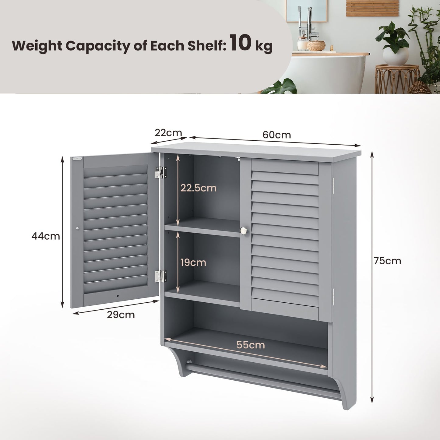 Bathroom Wall Cabinet with 2 Doors and 3-Position Adjustable Shelf-Grey
