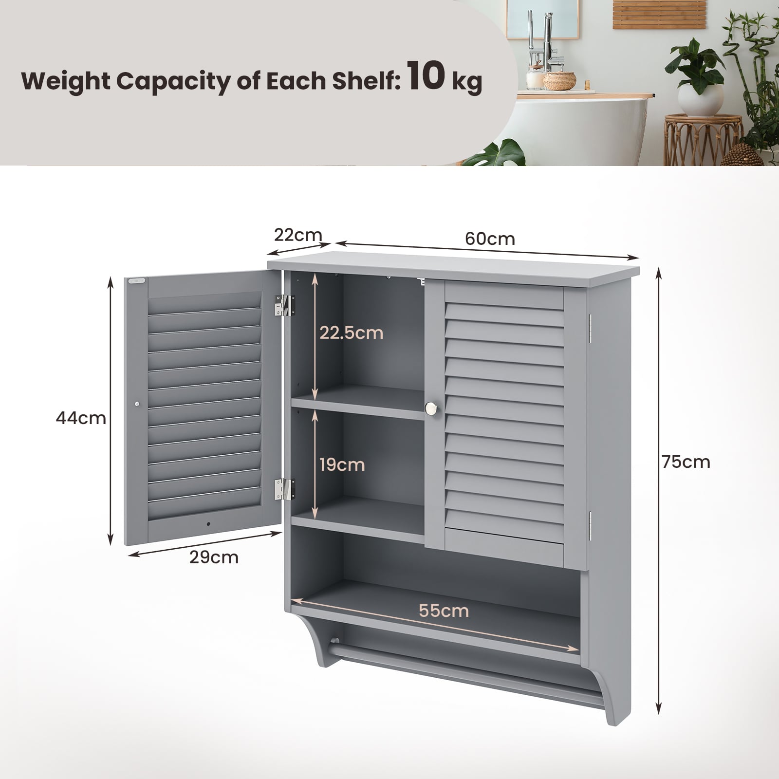 Bathroom Wall Cabinet with 2 Doors and 3-Position Adjustable Shelf-Grey