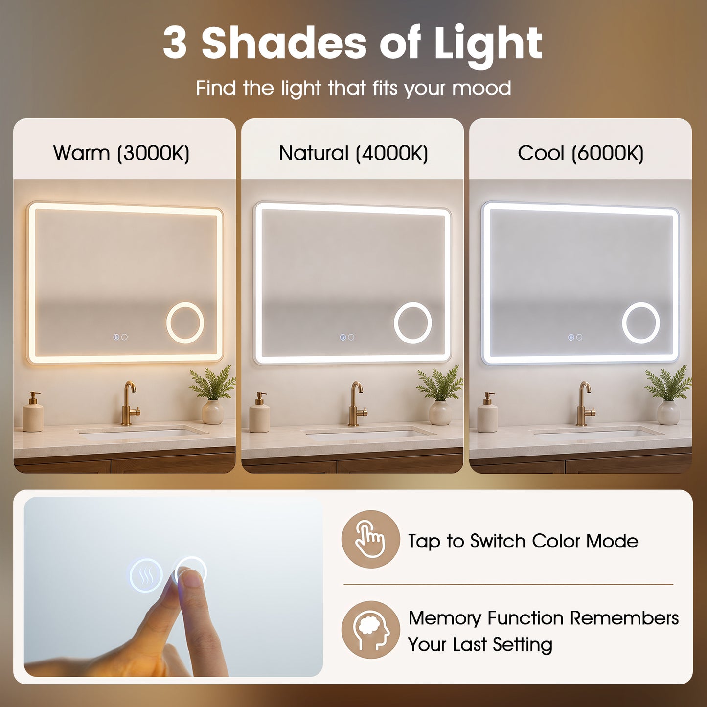 LED Bathroom Mirror with Anti-Fog and 3X Magnification Hardwired
