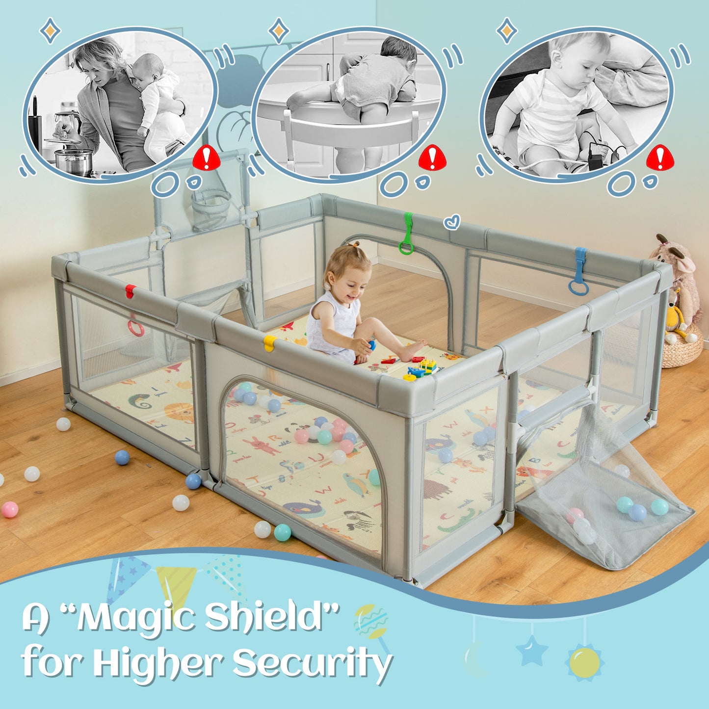 Large Baby Playpen with Mat and Ocean balls-Light Grey