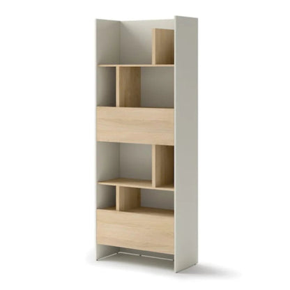 Bookshelf with wooden shelves on a white background