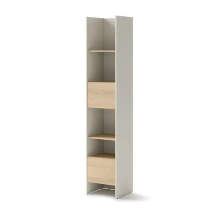 Tall narrow bookshelf with light wood shelves on a white background