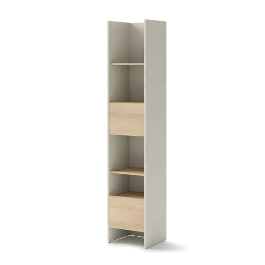 Tall narrow bookshelf with light wood shelves on a white background