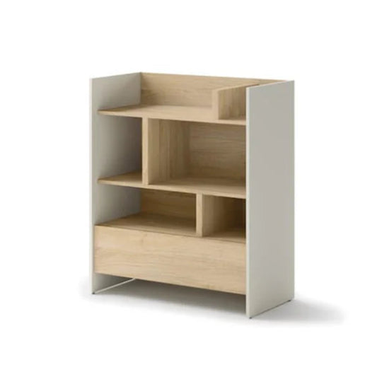Wooden bookshelf with white base on a white background