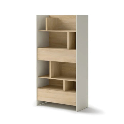 Wooden bookshelf with open shelves on a white background