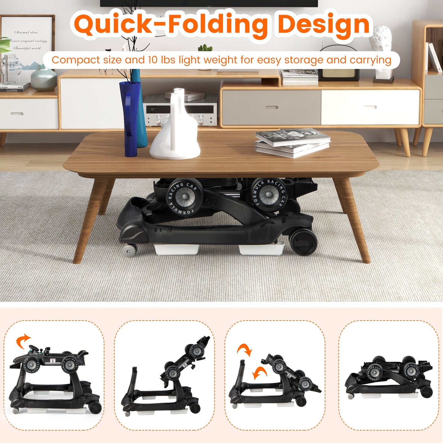 4-in-1 Baby Push Walker with Adjustable Height and Speed-Black