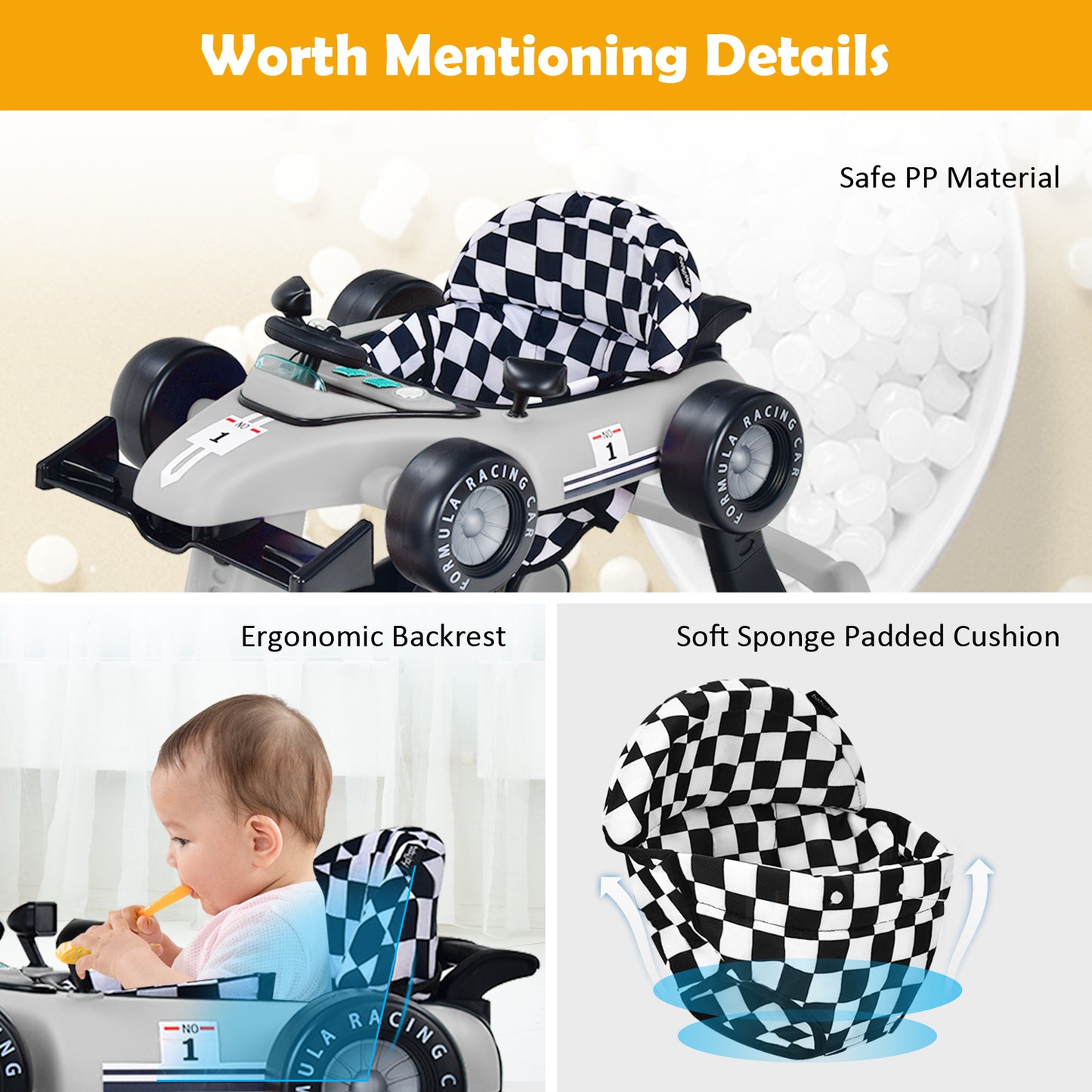 4-in-1 Baby Push Walker with Adjustable Height and Speed-Grey
