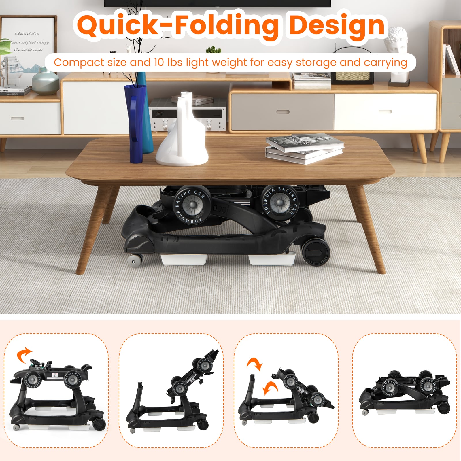 4-in-1 Baby Push Walker with Adjustable Height and Speed-Black