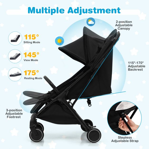 Lightweight Baby Stroller with Aluminum Frame and Detachable Seat Cover-Black