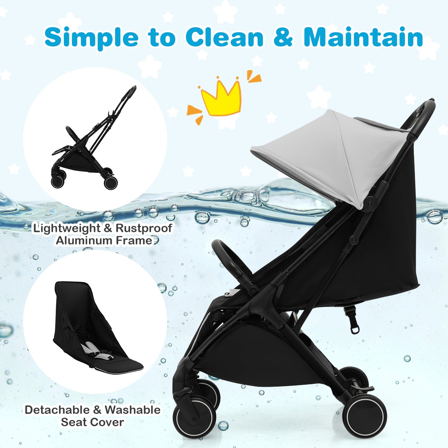 Lightweight Baby Stroller with Detachable Seat Cover-Grey