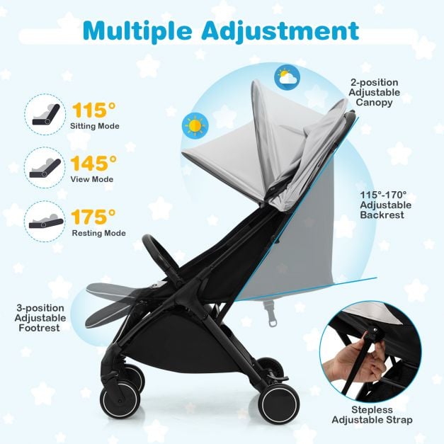 Lightweight Baby Stroller with Aluminum Frame and Detachable Seat Cover-Grey