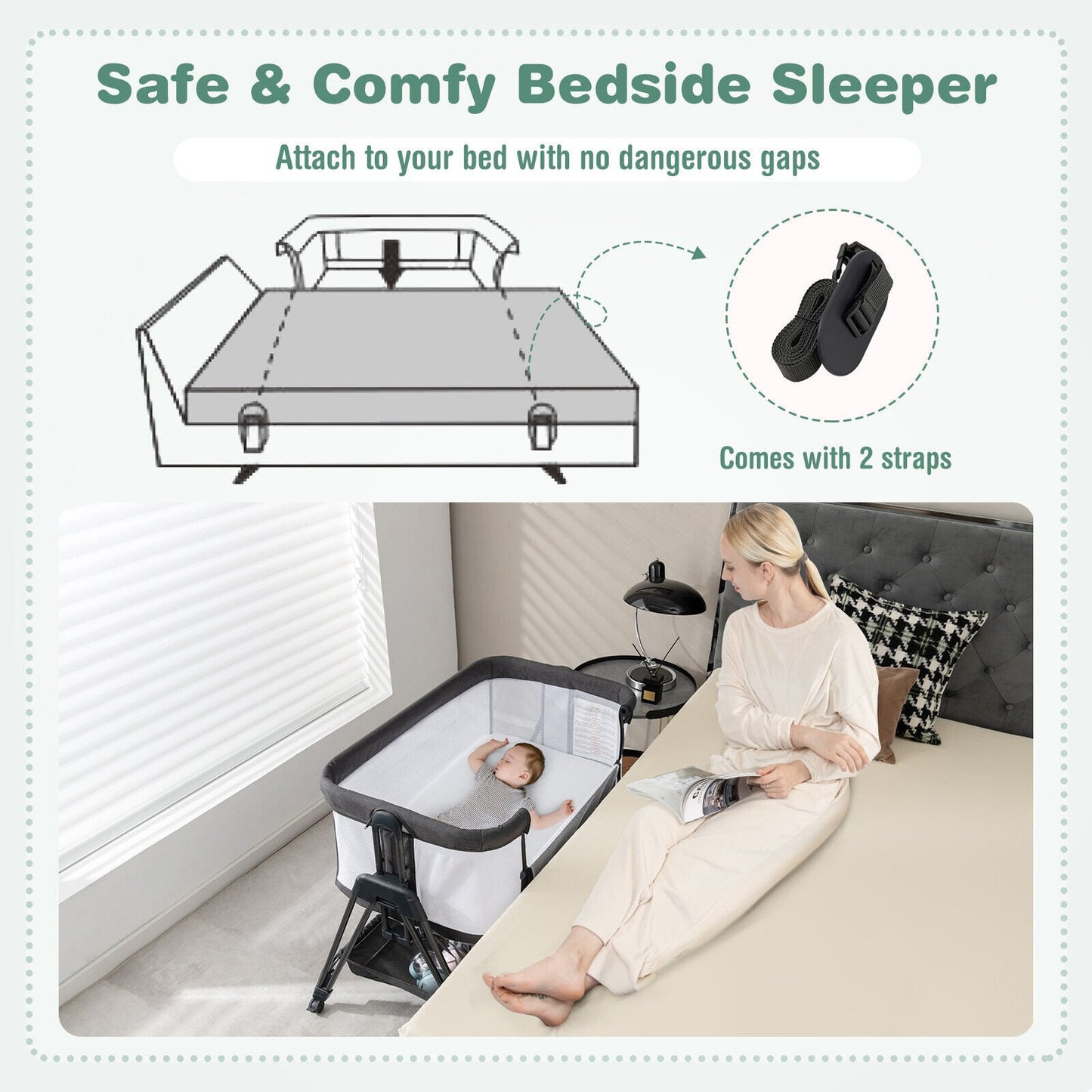Baby Bedside Crib with Mattress for Birth to 9kg-Grey