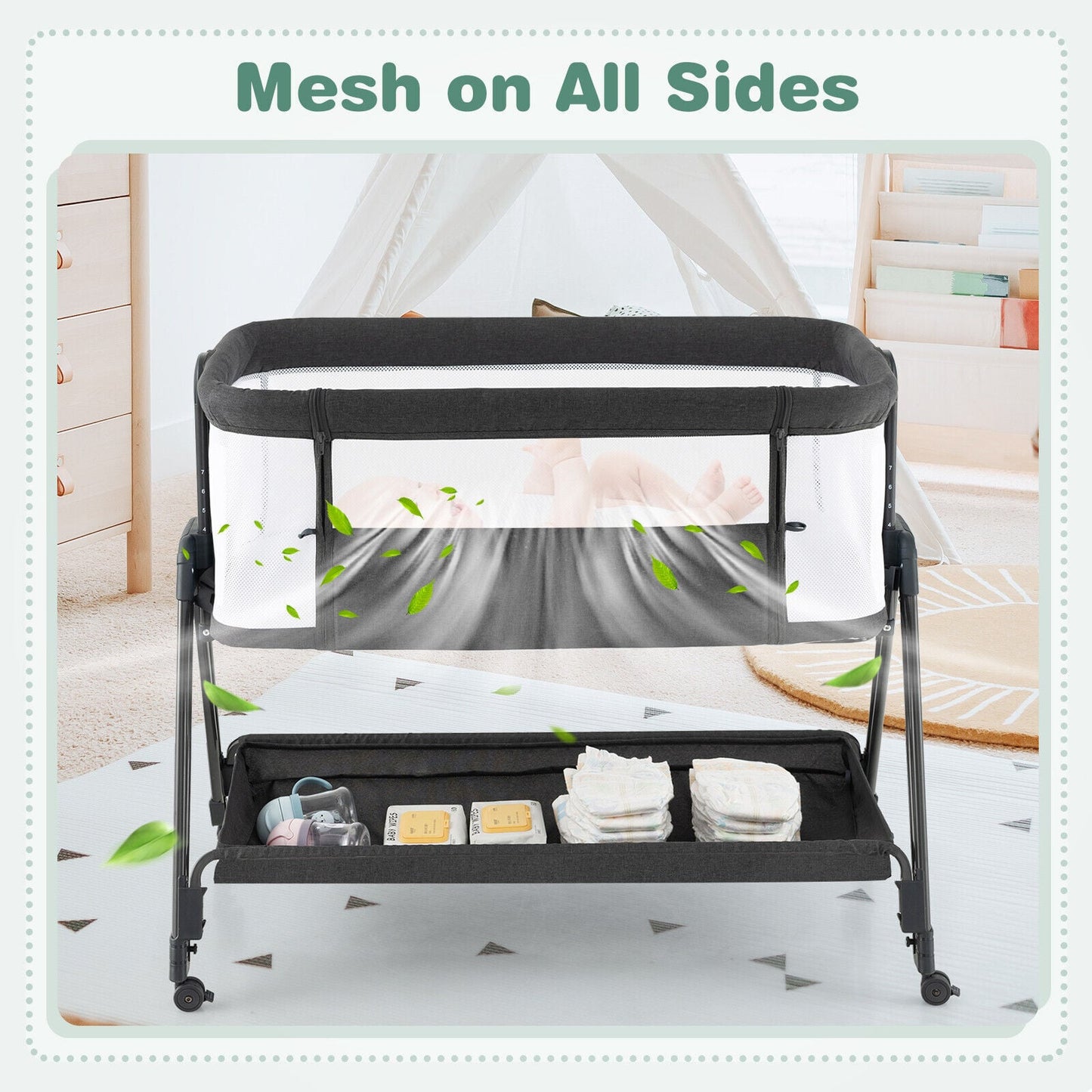 Baby Bedside Crib with Mattress for Birth to 9kg-Grey