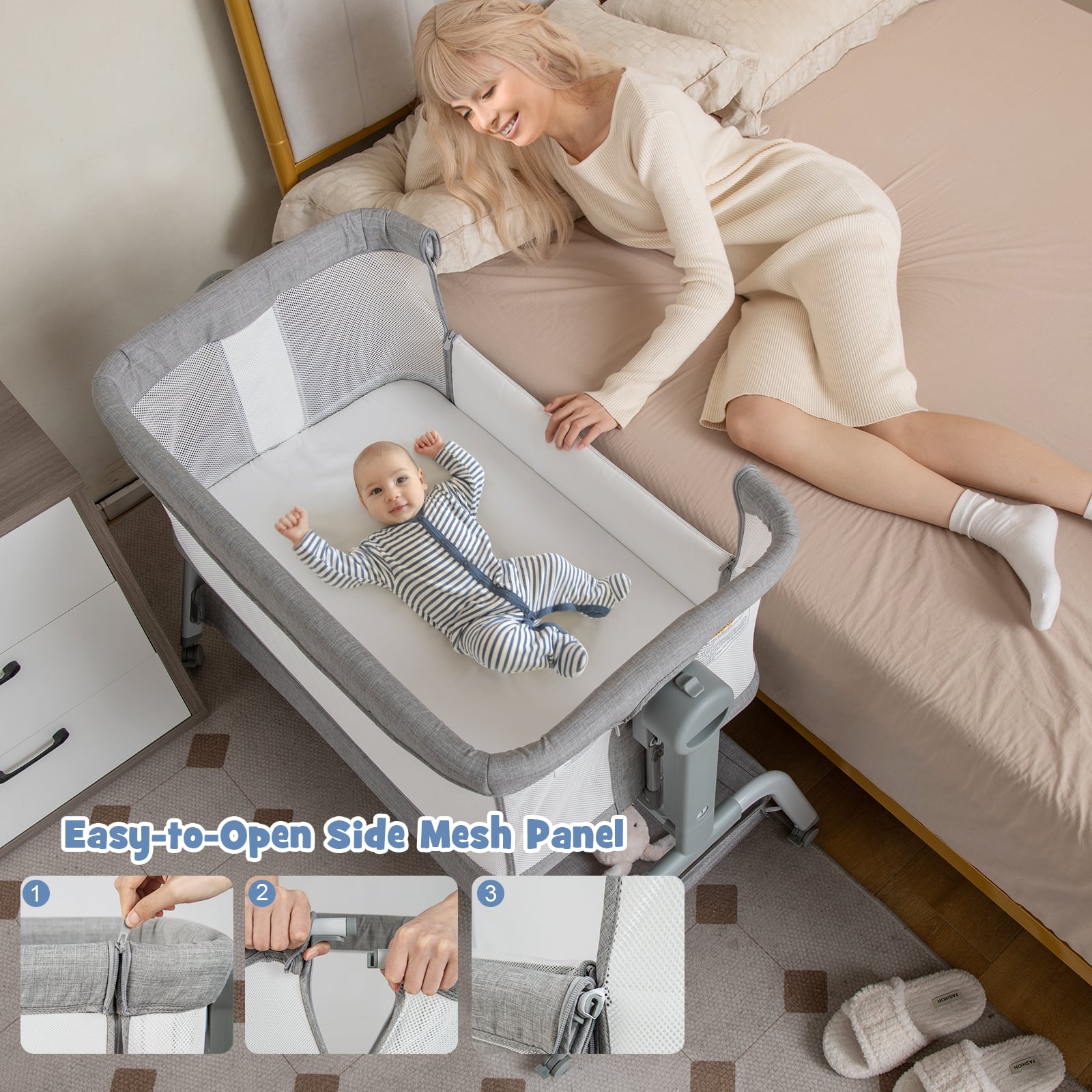 Baby Bassinet with Net with 6 Adjustable Heights-Grey