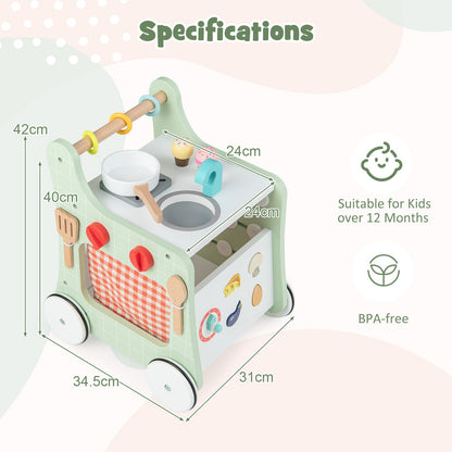 6-in-1 Wooden Baby Stroller Push and Pull Learning Activity Center-Green