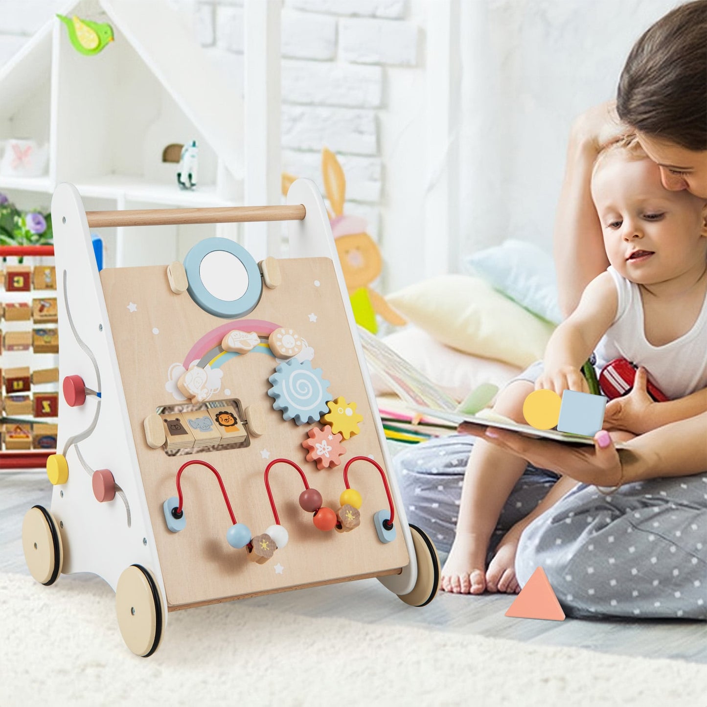 7 in 1 Baby Wooden Baby Walker for 1+ Year Old-White