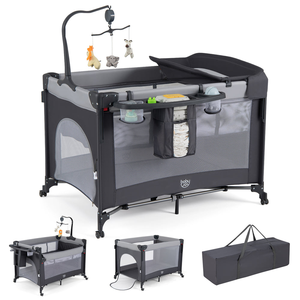 5 in 1 Baby Pack and Play Infant Bedside Sleeper with Mattress-Black